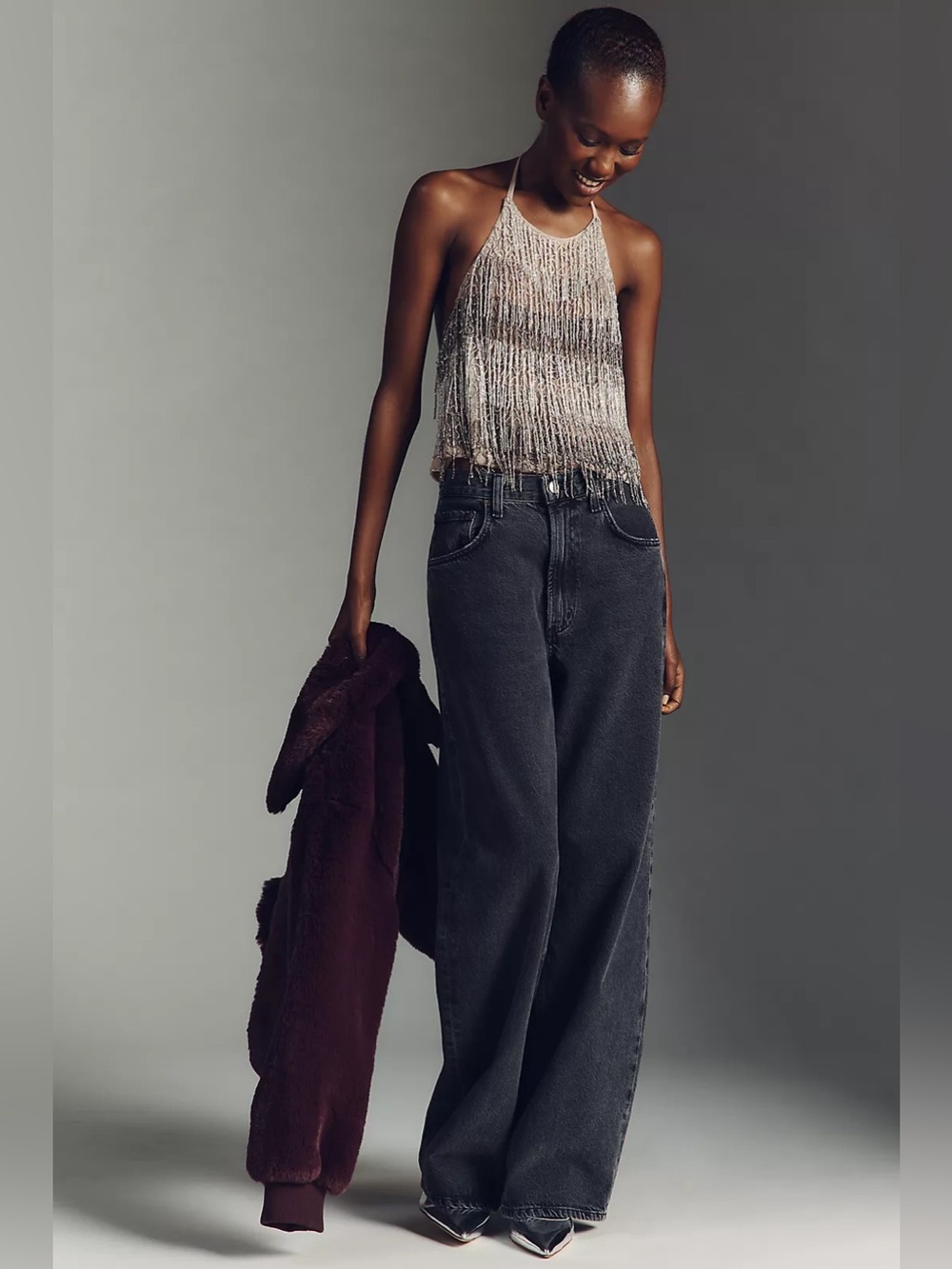 ANTHROPOLOGIE Fringe Beaded Halter Cami Size XS/S in Gold - Picture 5 of 9